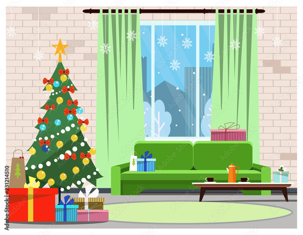 Apartment interior with decorated fir-tree, window and sofa. Room with Christmas gifts and coffee table vector illustration. Christmas Eve concept. For websites, wallpapers, posters or banners. Apartment interior with decorated fir-tree, window and sofa. Room with Christmas gifts and coffee table vector illustration. Christmas Eve concept. For websites, wallpapers, posters or banners.