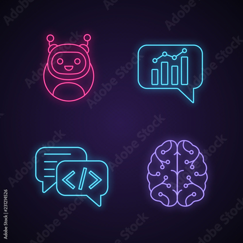 Chatbots neon light icons set