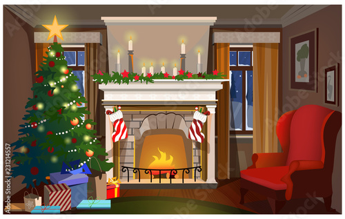 Christmas interior with decorated fir-tree, fireplace and armchair. Room with fir-tree and Christmas socks vector illustration. Christmas Eve concept. For websites, wallpapers, posters or banners.