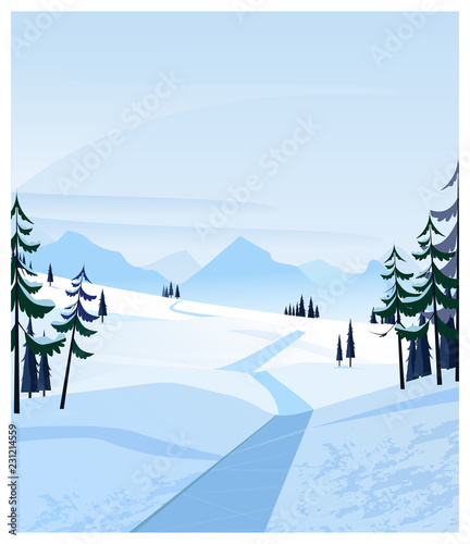 Country scene with snowy road and fir-trees. Winter road or path vector illustration. Winter concept. For websites, posters or banners.