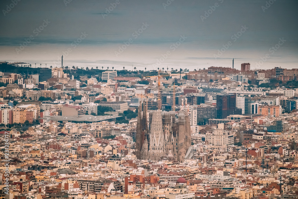 Barcelona, Spain. Aerial View Of City Cityscape. Basilica And Ex