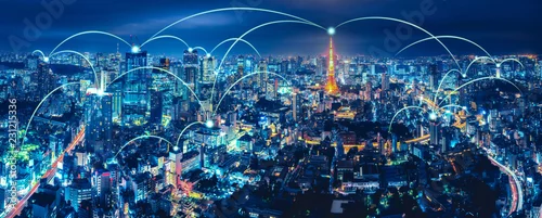 Obraz Sieć bezprzewodowa i miasto połączeń