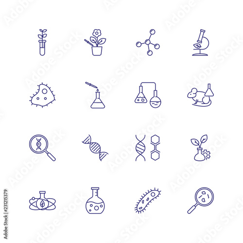 Exploration icons. Set of line icons on white background. Scientific experiment, molecule, bacteria. Biotechnology concept. Vector can be used for topics like chemistry, laboratory, medicine