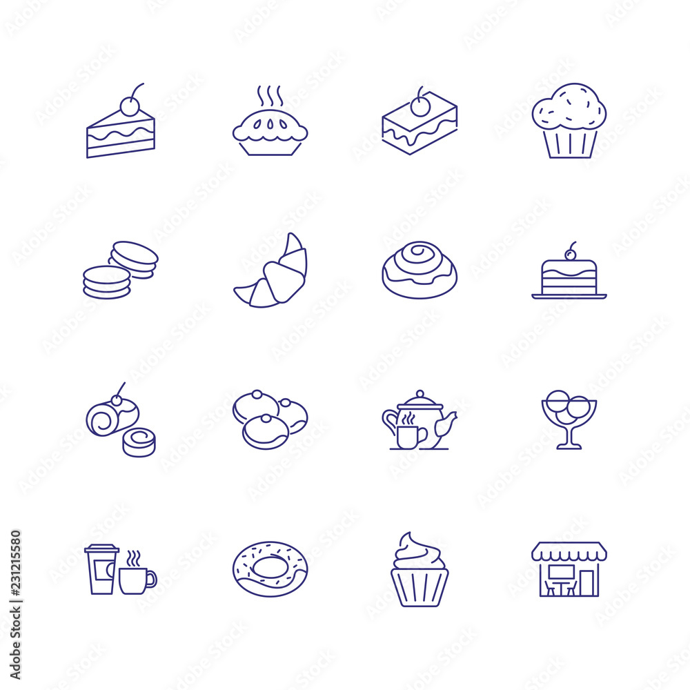 Sweet food icons. Set of line icons on white background. Cafeteria, teapot, pastry. Cafe concept. Vector can be used for topics like food, menu, unhealthy eating