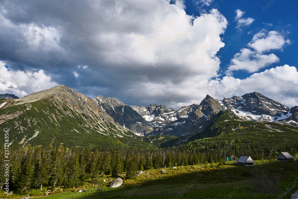 Obraz premium The glade with the shepherds' shacks in the High Tatras in Poland.