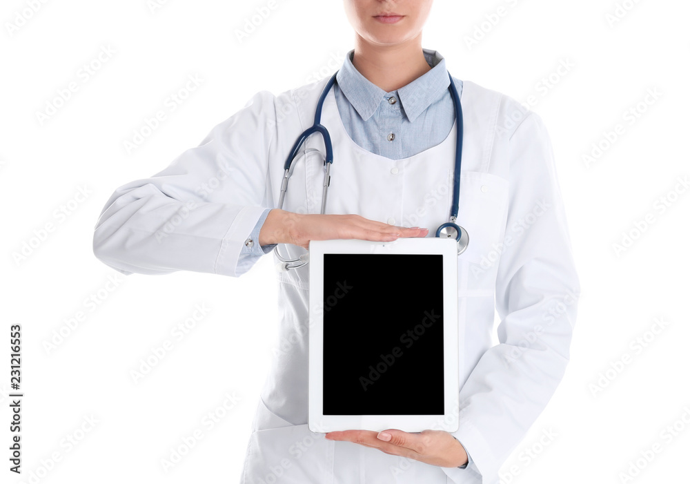 Female doctor holding modern tablet on white background, closeup. Space for design Female doctor holding modern tablet on white background, closeup. Space for design
