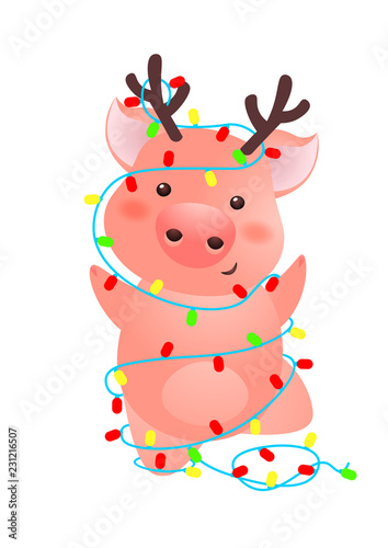 Cute pig with antlers wrapped into Christmas lights. Dancing, party, fun. Symbol of year concept. Can be used for topics like Christmas, New Year, festival