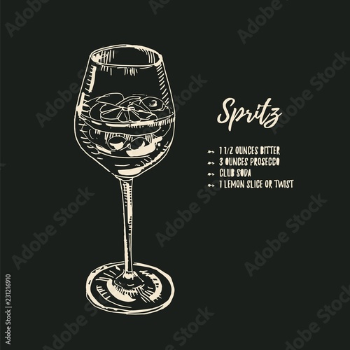 Vector illustration for menu design in vintage style, drawing with chalk on blackboard. Italian spritz coctail with ingridients. Bitter, prosecco, soda, lemon