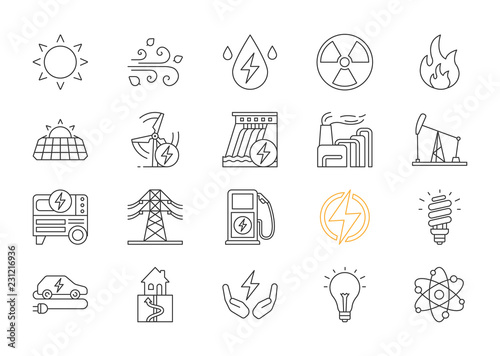 Electric energy linear icons set