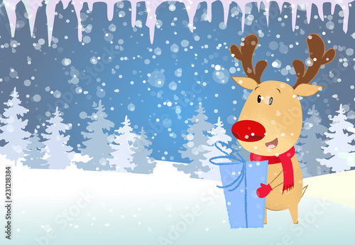 Christmas and New Year card template. Reindeer holding gift. Snowy fir trees, icicles in background. Festive design can be used for banners, posters, postcards © PCH.Vector