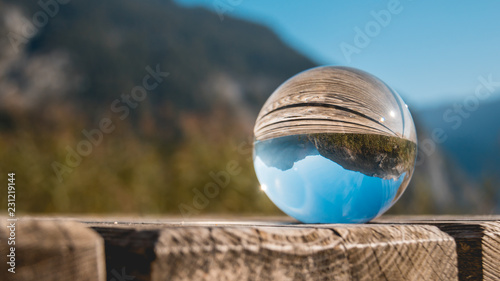 Crystal ball alpine landscape shot at Altaussee-Steiermark-Austria
