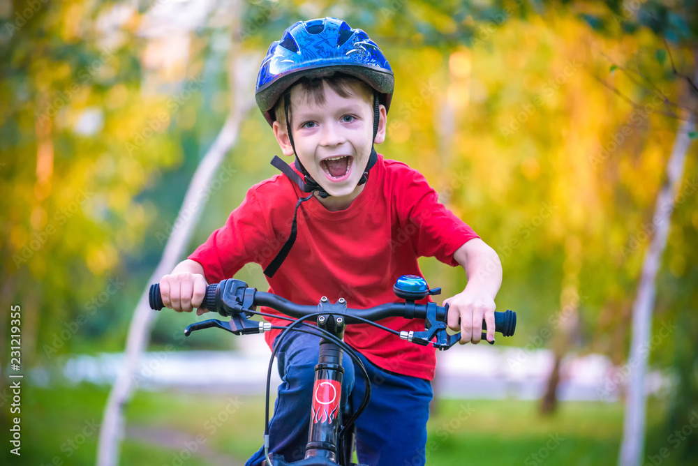 Obraz premium Happy kid boy of 6 years having fun in autumn forest with a bicycle on beautiful fall day. Active child making sports. Safety, sports, leisure with kids concept