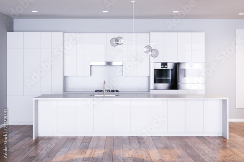 Fototapeta Naklejka Na Ścianę i Meble -  New kitchen interior with wooden floor and white color cabinets 3d render