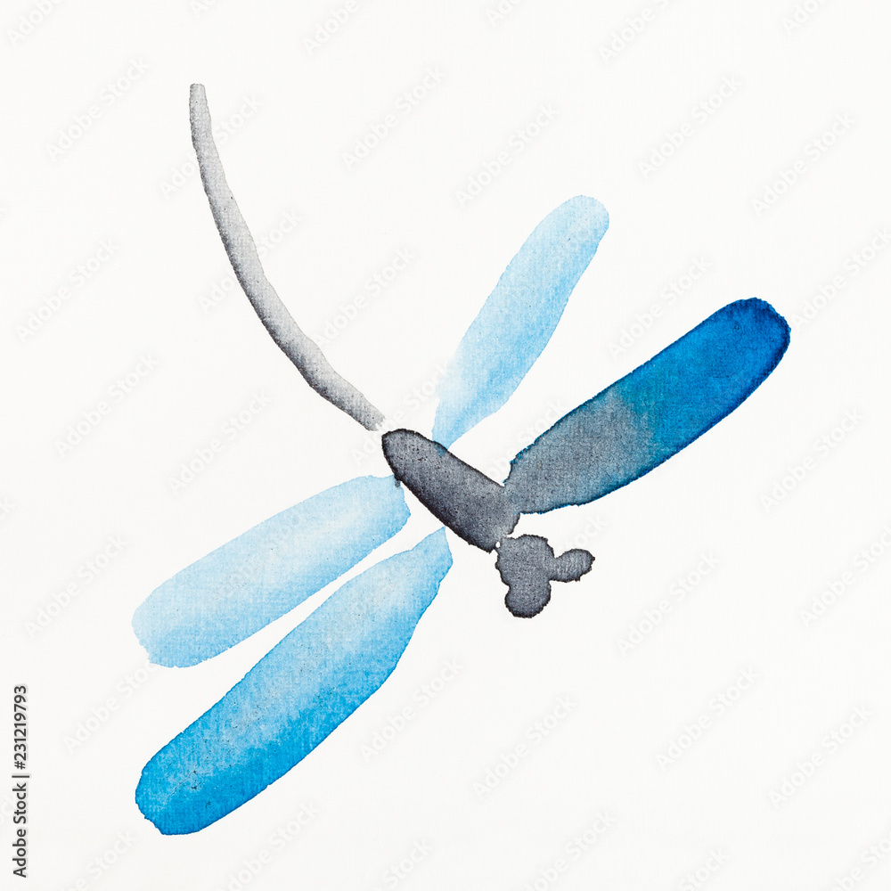 Fototapeta premium dragonfly with blue wings drawn by watercolors