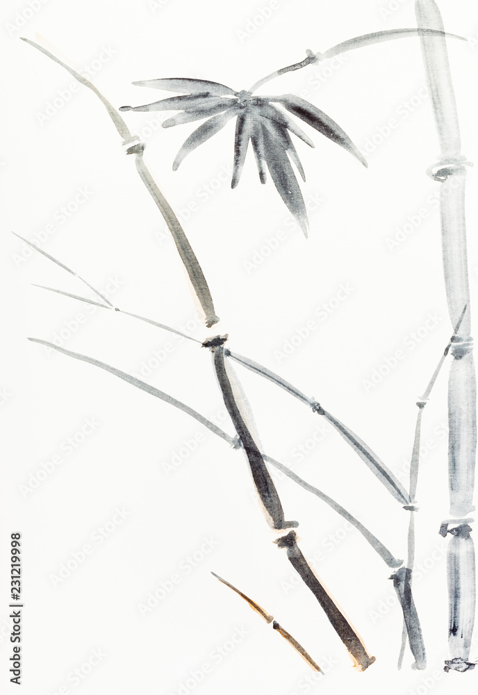 Naklejka premium bamboo bush drawn by black and brown watercolors