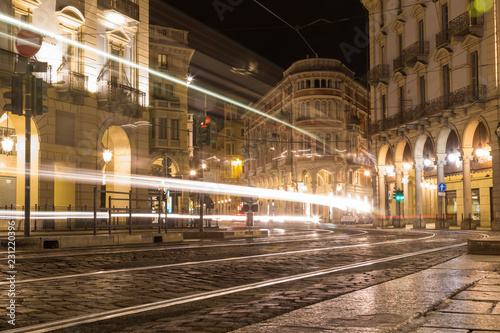 Turin in the night, tram lights effect