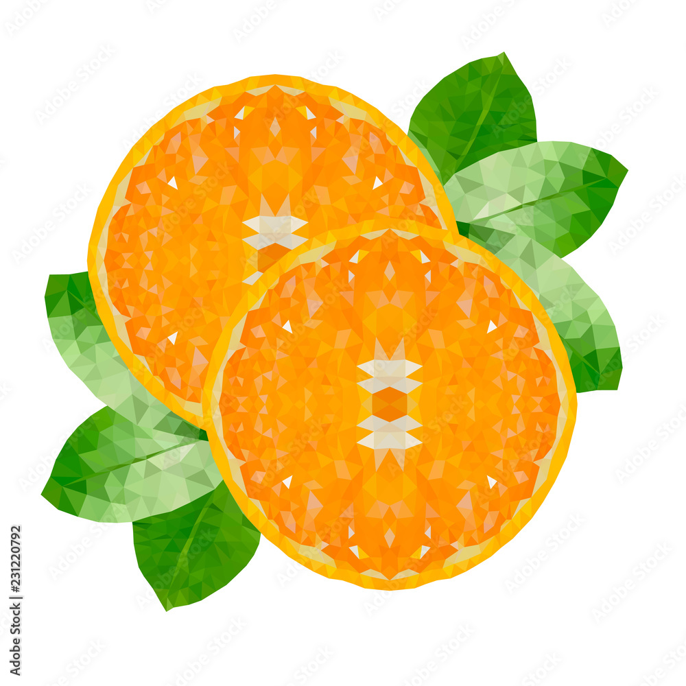 Naranja fresca, hoja, low poly, fondo blanco, vector, vitamina,