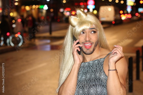 Bearded woman calling by phone