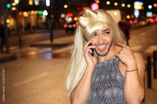 Bearded woman calling by phone