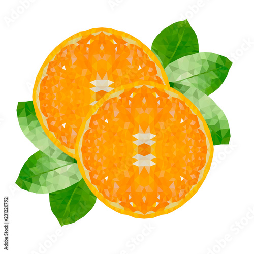 Naranja fresca, hoja, low poly, fondo blanco, vector, vitamina,