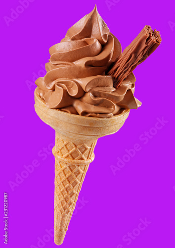 CHOCOLATE ICE CREAM IN CONE WITH CHOCOLATE FLAKE ON PURPLE