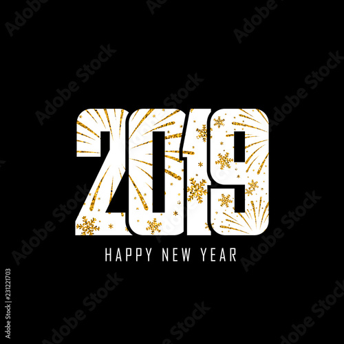 Happy new year card. White number 2019 with gold snowflakes  isolated black background. Golden firework. Bright design for holiday celebration  greeting text  Christmas banner. Vector illustration