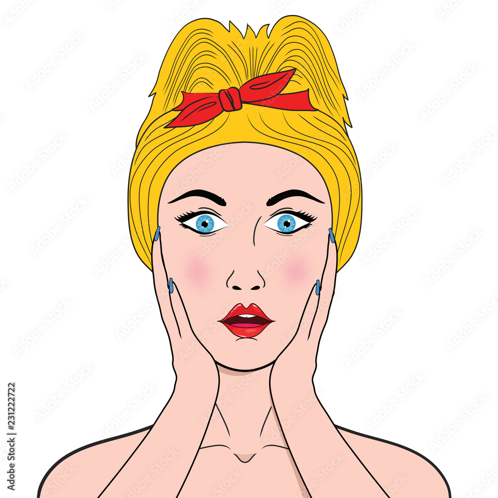 Wow pop art female face. Sexy surprised young woman with open mouth and blond hair in pop art retro comic style. Wow pop art female face. Sexy surprised young woman with open mouth and blond hair in pop art retro comic style.