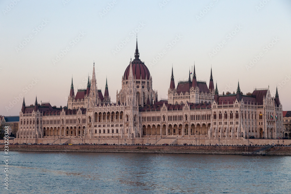 BUDAPEST, HUNGARY - OCTOBER 06, 2018: Beautiful View of the Building of Parliament of Hungary.
