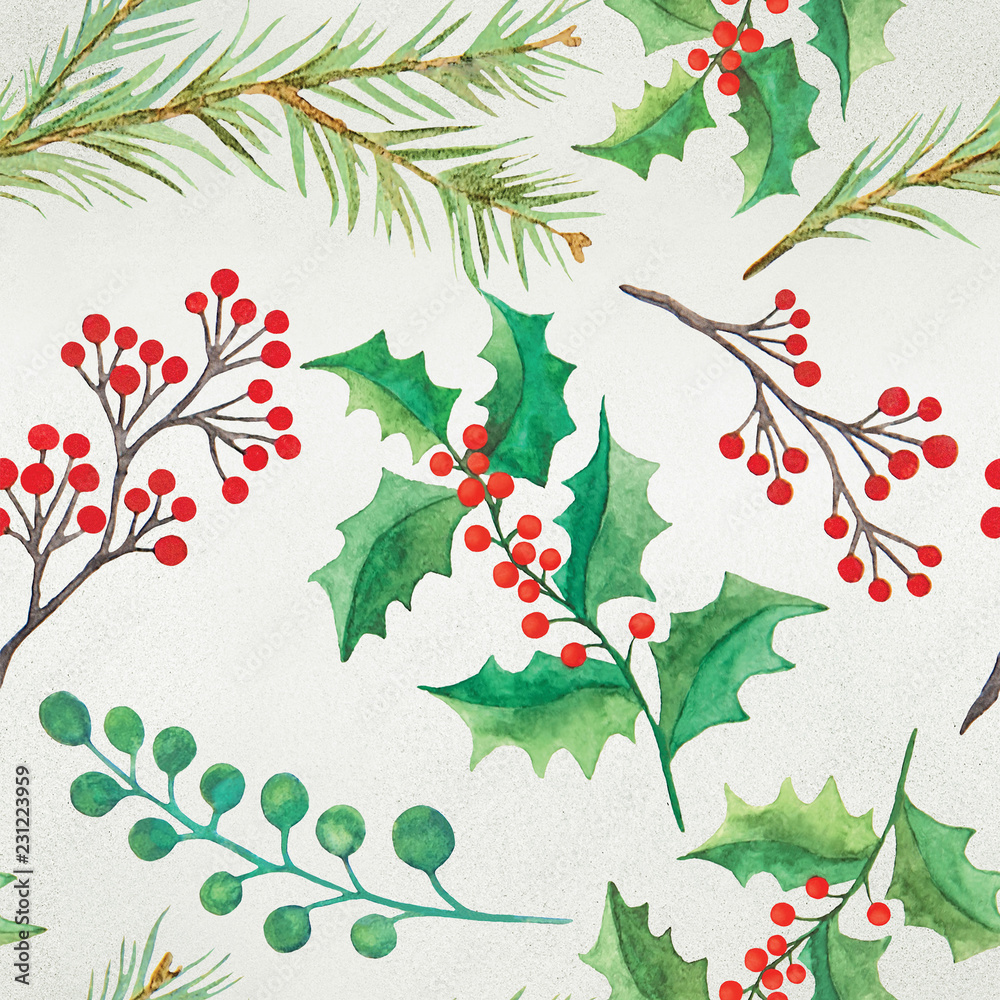 Watercolor decorative christmas botanical seamless pattern