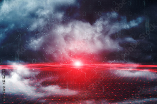 Dark red and blue colored stormy cloudscape with digital computer network net background.
