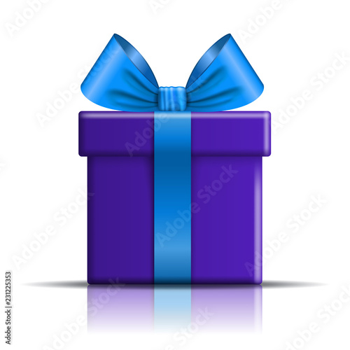 Gift box icon. Surprise present template, blue ribbon bow, isolated white background. 3D design decoration for Christmas, New Year holiday, birthday celebration, Valentine Day. Vector illustration