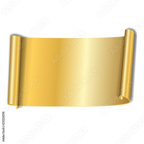 Gold scroll isolated on white background. Golden paper roll banner 3D. Ribbon design for Christmas frame, New Year decoration, curved retro border. Smooth realistic texture. Vector illustration