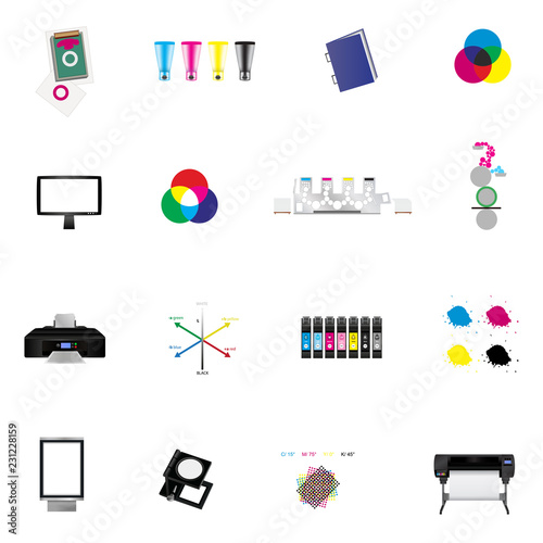 Vector set of printing or graphic arts icons for printing plant, printing house or graphic studio – printers, colors, tools and other illustrations isolated on a white background