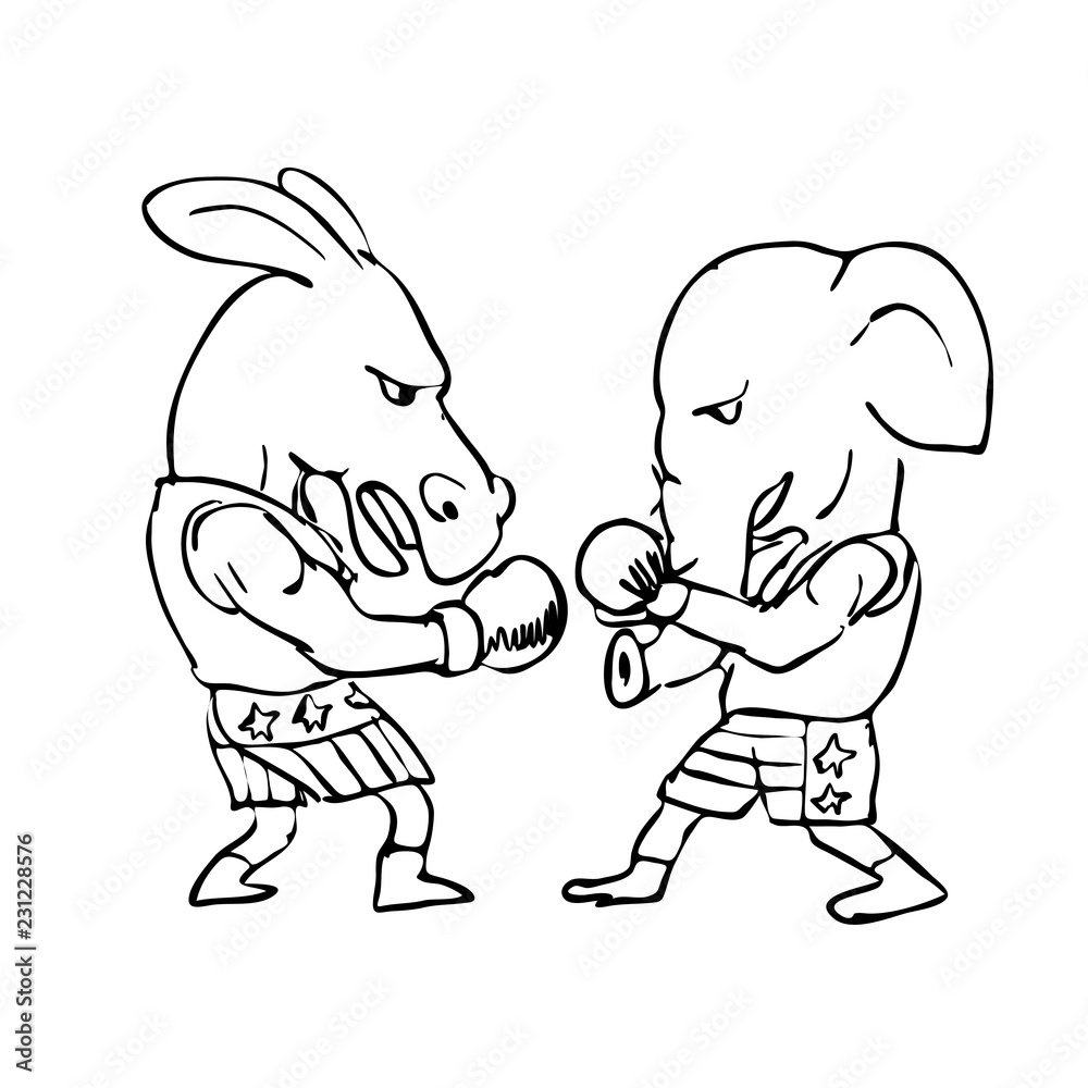 Donkey and Elephant Boxers Black and White Drawing