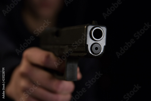 A person pointing a handgun