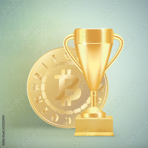 Golden realistic Trophy cup or goblet on gilded stand and money coin bitcoin on light textured background. Vector illustration