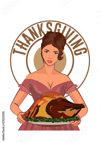 Retro housewife cooks roasted turkey in the kitchen.Vector color illustration isolated on white