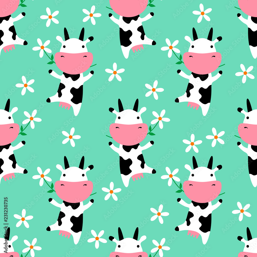 Cute cow eating grass. Seamless pattern. Vector pattern with cute cows and flowers. Vector illustarion. Childish vector seamless wallpaper with daisies
