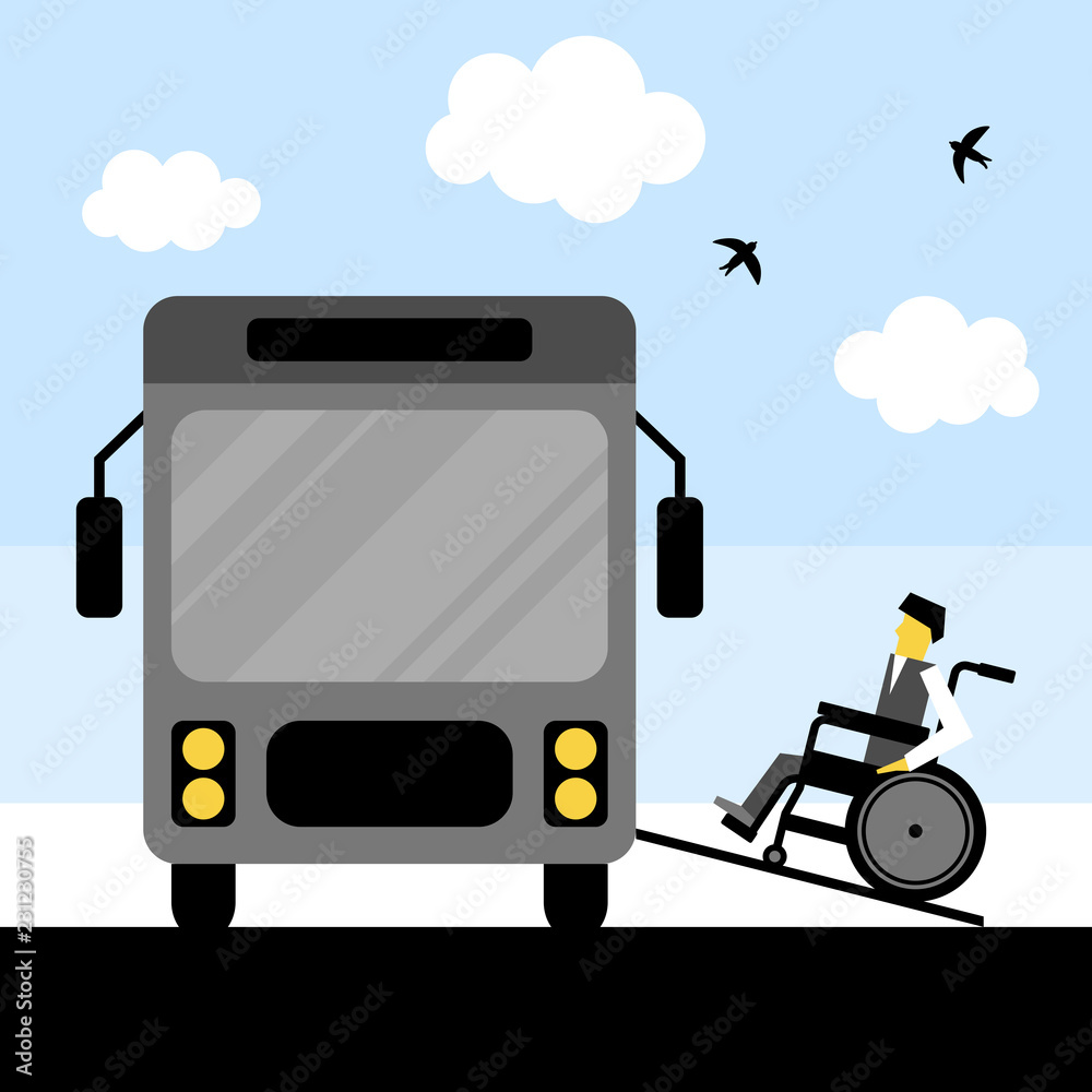 Wheelchair accessible transportation. Paratransit bus picking up passenger. Accessible  bus. Access ramp for disabled persons in a bus. Flat vector illustration  Stock-Vektorgrafik | Adobe Stock