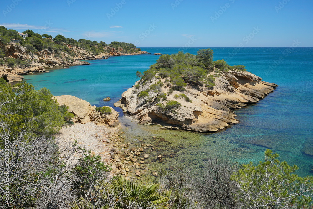 Spain Costa Dorada, rocky coast with an islet, l'Illot, Mediterranean sea, Catalonia, L'Ametlla de Mar, Tarragona
