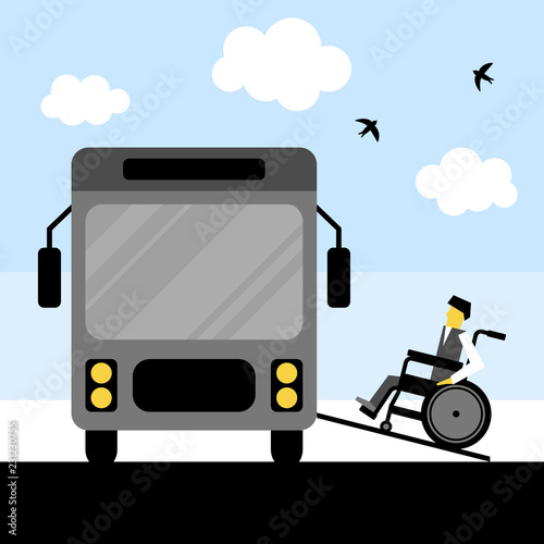 Wheelchair accessible transportation. Paratransit bus picking up passenger. Accessible bus. Access ramp for disabled persons in a bus. Flat vector illustration