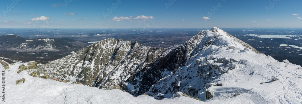 Panoramic view of the famous knife edge on a clear winter day, from Baxter peak, Katahdin, Maine, USA