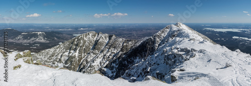 Panoramic view of the famous knife edge on a clear winter day, from Baxter peak, Katahdin, Maine, USA