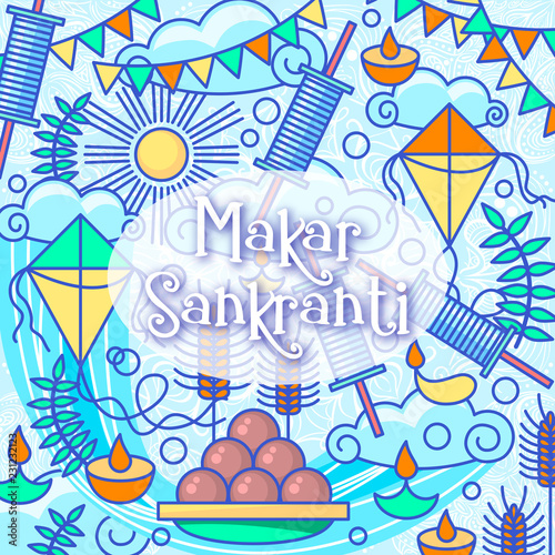 Makar Sankranti kites festival of India. Food, candels, sun, kite string spool background. Makar Sankranti celebration vector illustration