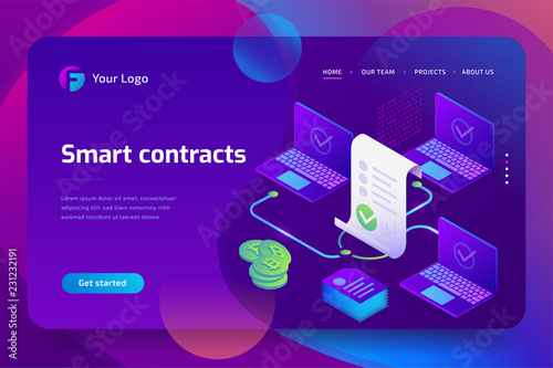 Blockchain, smart contract concept. Online business with digital signature. 3d isometric illustration. Landing page template