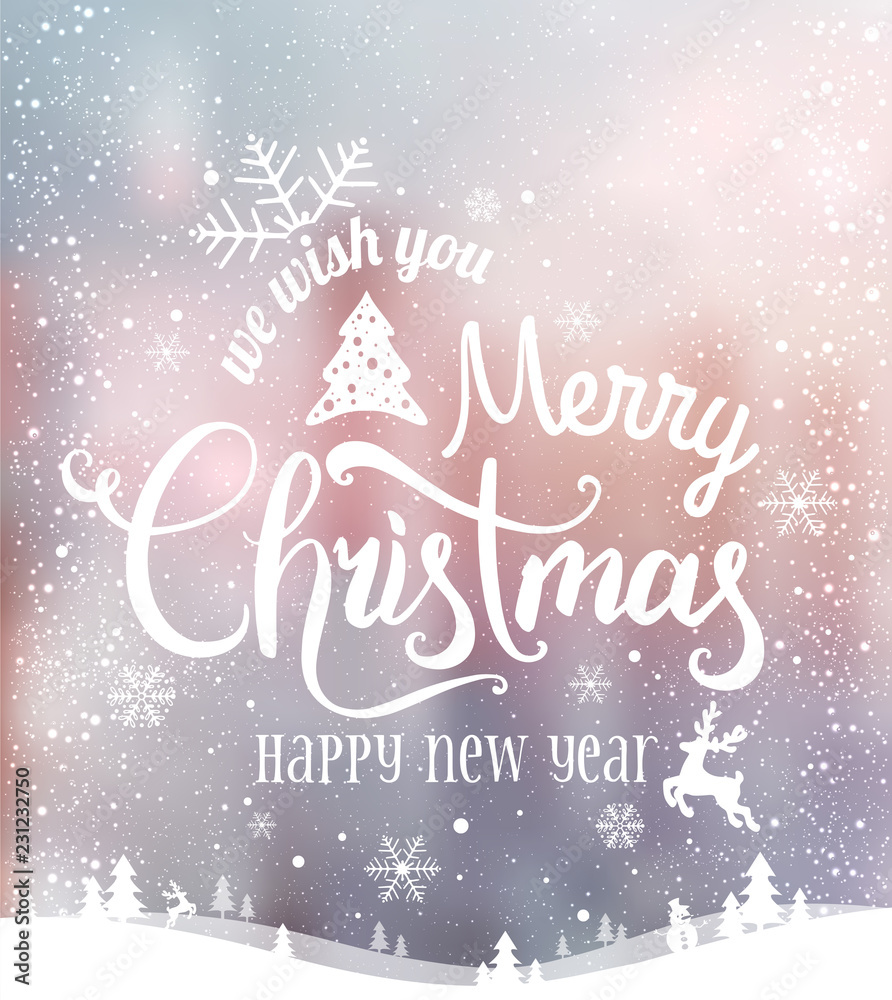 Christmas and New Year typographical on background with winter landscape with snowflakes, light, stars. Xmas card.