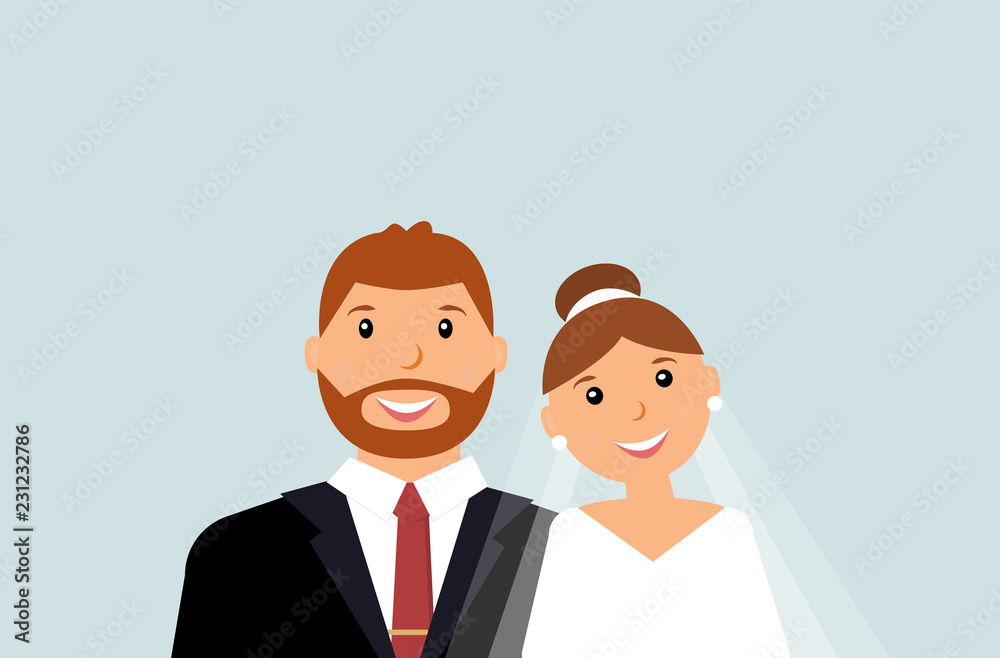 Happy smiling family: groom and bride on the light blue background. Wedding card with the newlyweds. Loving couple. Just married. Vector illustration Happy smiling family: groom and bride on the light blue background. Wedding card with the newlyweds. Loving couple. Just married. Vector illustration