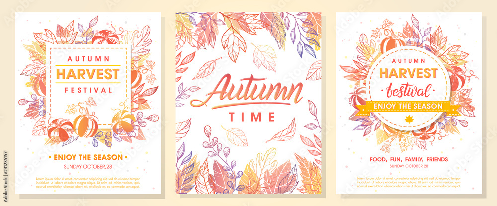 Autumn seasonals postes with autumn leaves and floral elements in fall colors.Autumn greetings cards perfect for prints,flyers,banners,invitations,promotions and more.Vector autumn illustration.. Autumn seasonals postes with autumn leaves and floral elements in fall colors.Autumn greetings cards perfect for prints,flyers,banners,invitations,promotions and more.Vector autumn illustration..