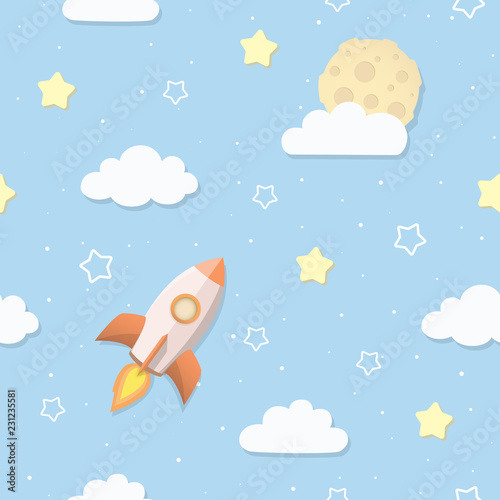 Cute seamless sky pattern with full moon, clouds, stars, and rocket. Cartoon ...