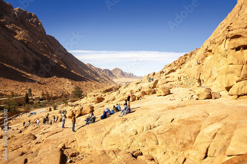 Tourists are watching the rocky desert in Sharm el-Sheikh in Egypt